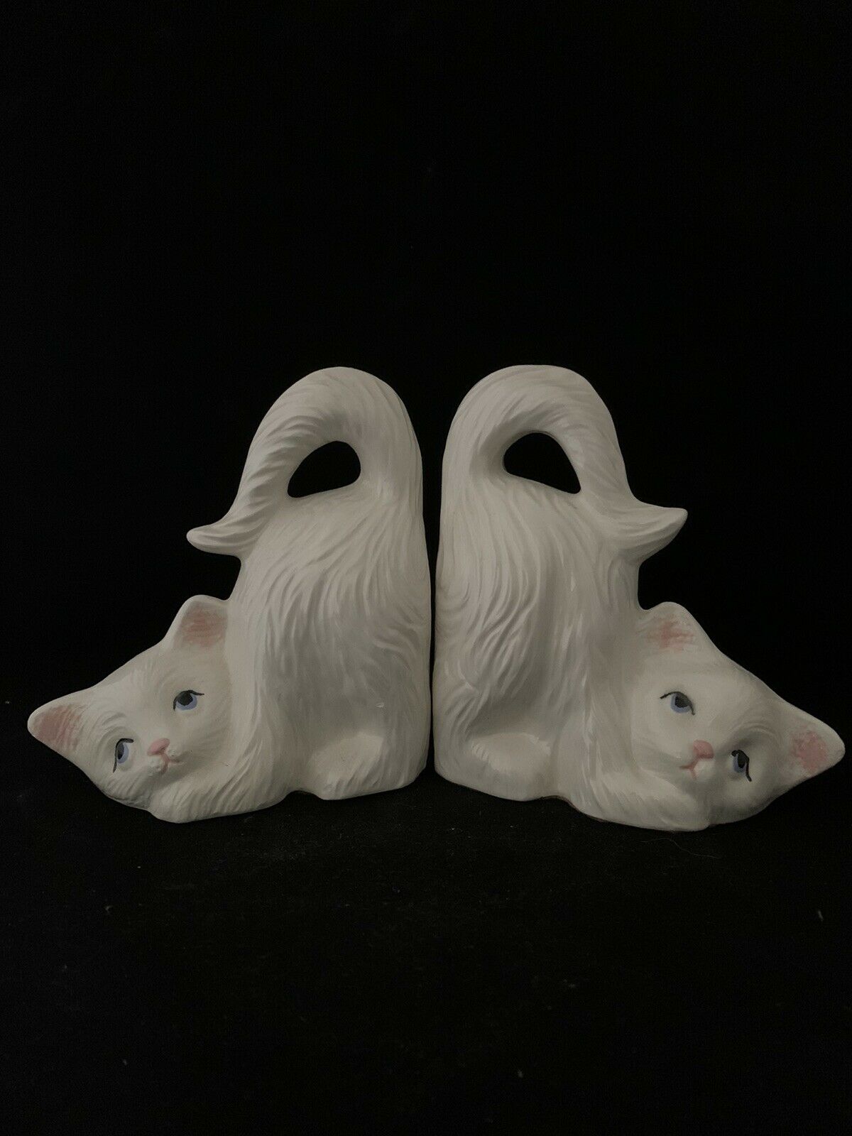 Vintage White Ceramic Cat Bookends 6” Tall Heavy