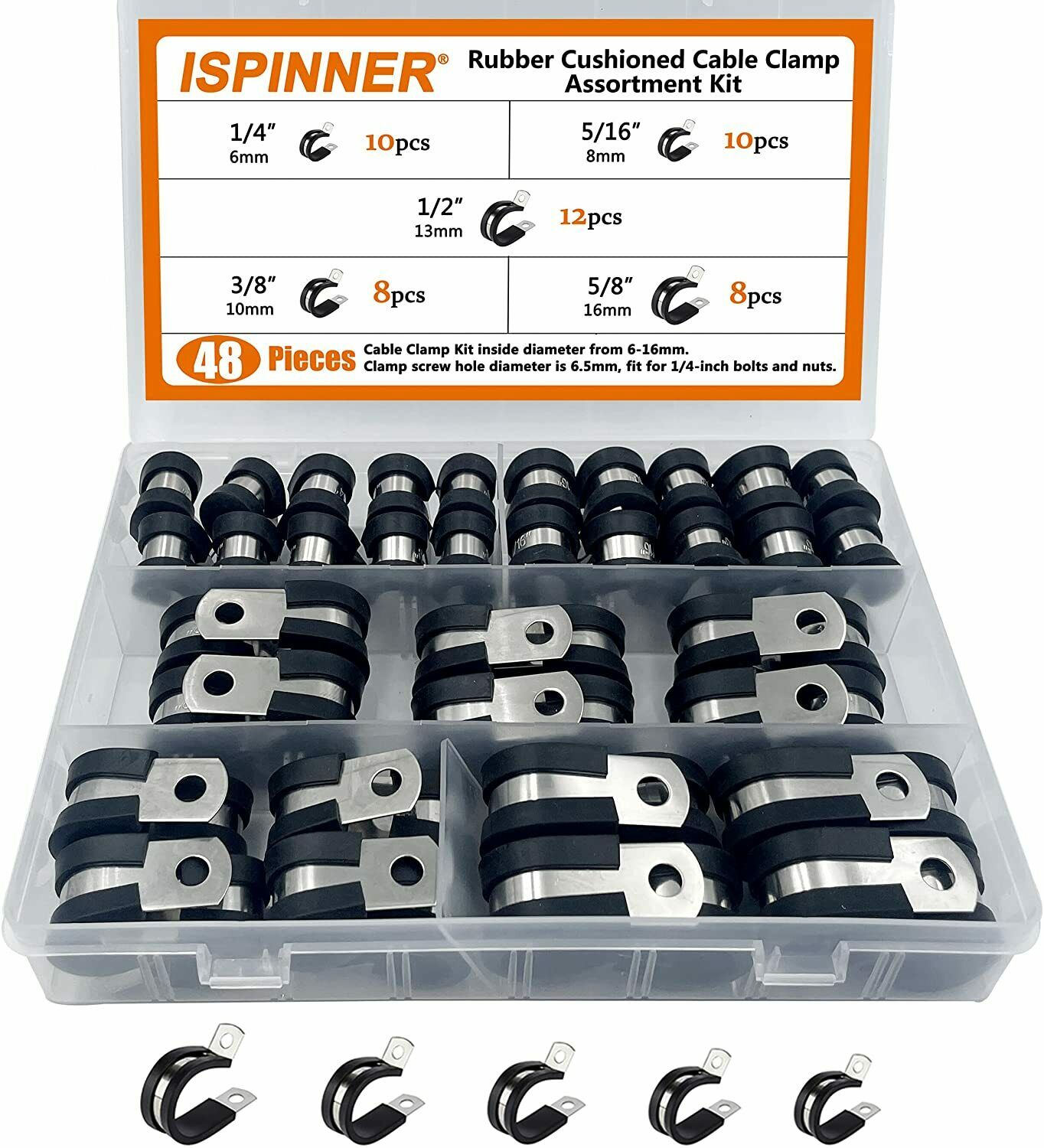 48pcs Cable Clamps Assortment Kit, Pipe Clamps In 5 Sizes 1/4" 5/16" 3/8" 1/2" 5