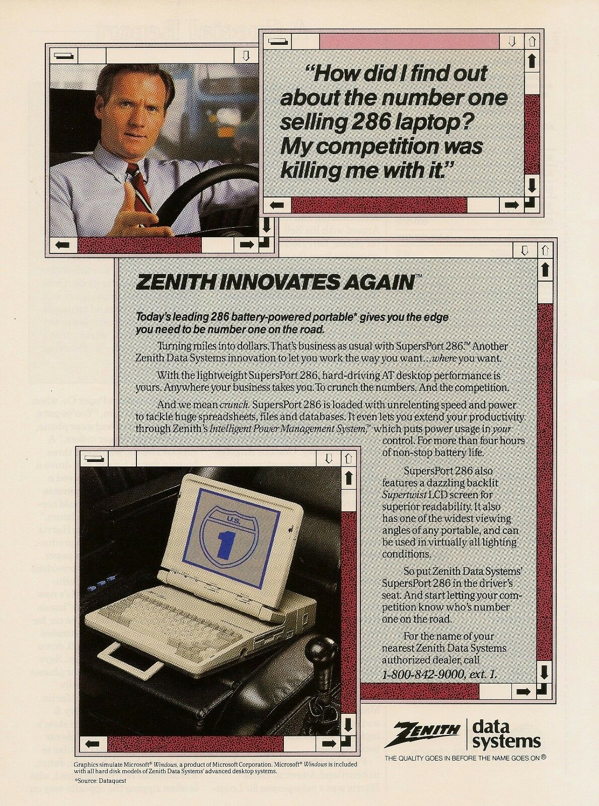 1989 Zenith Data Systems Ad Supers Port 286 Laptop Computer Vintage Print Advert