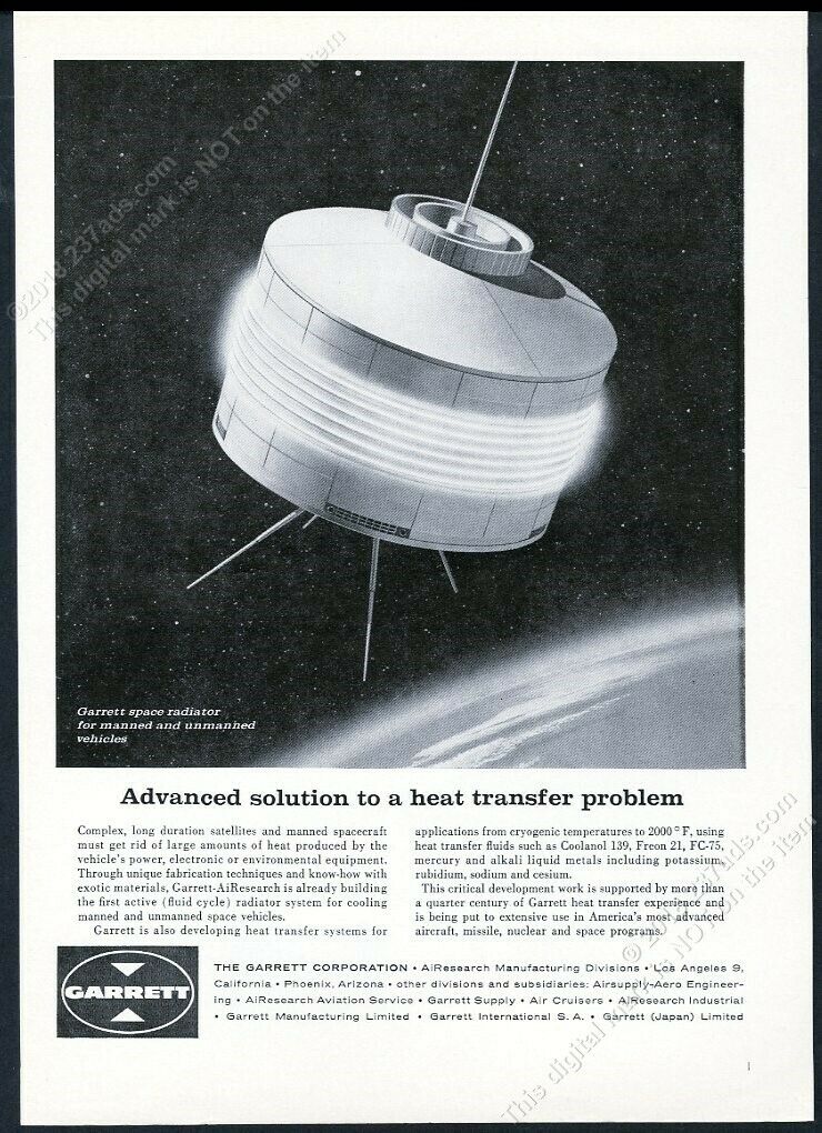 1962 Outer Space Satellite Art Garrett Airesearch Heat Transfer Vintage Print Ad