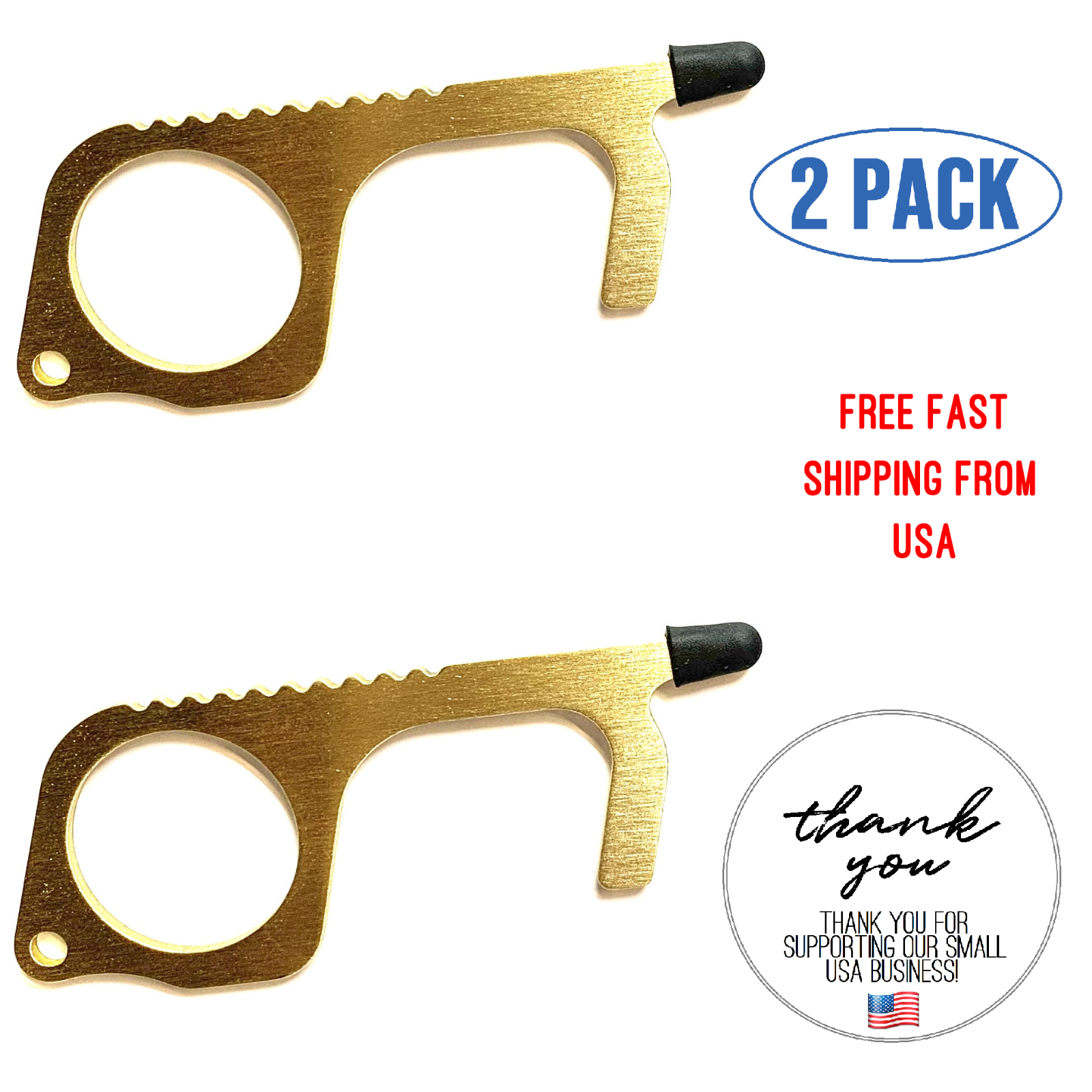 2 Pack | Brass Edc Door Opener | No Touch Keychain Tool | Free Ship From Usa