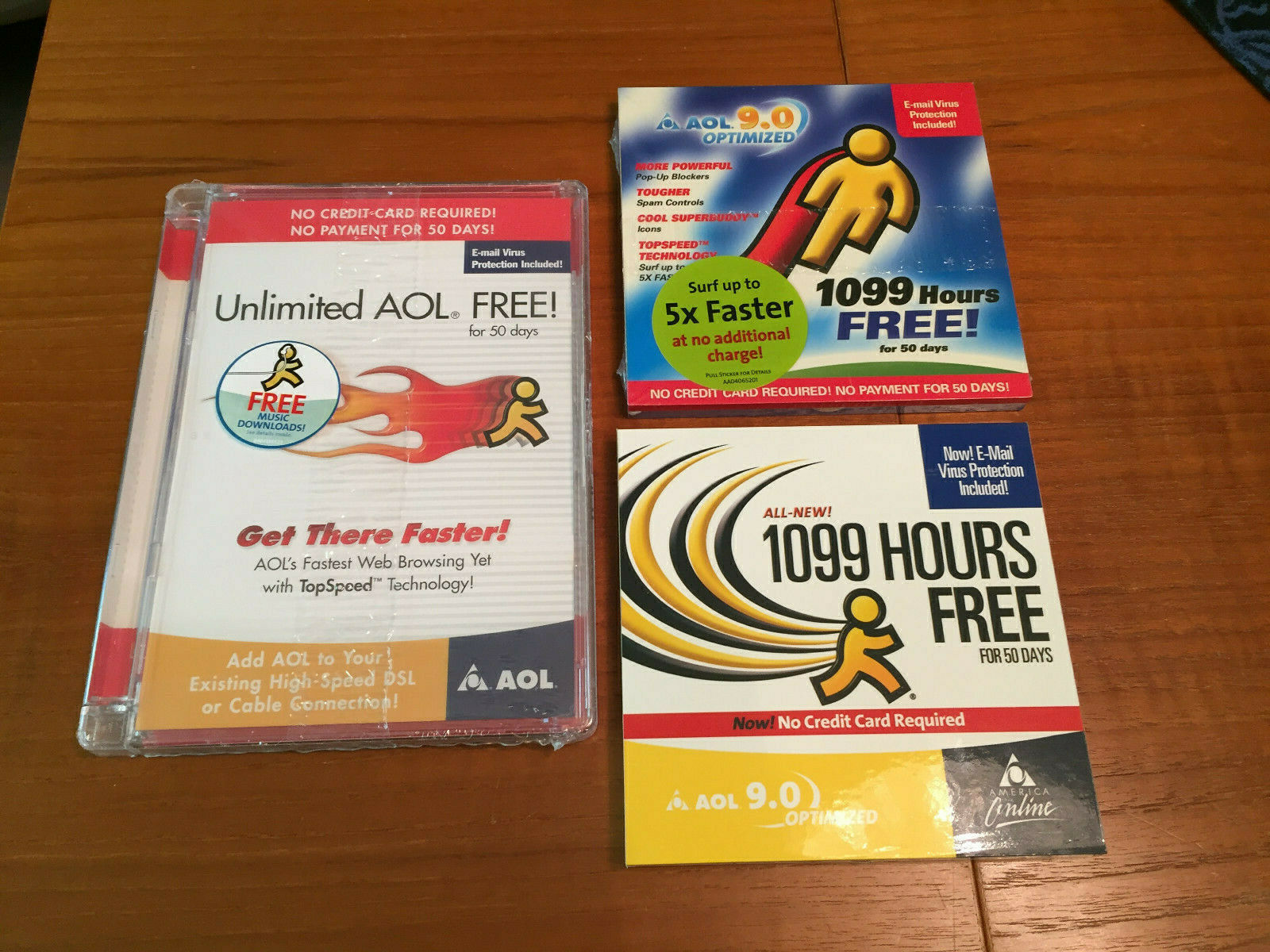 Lot Of 3 Aol 9.0 Cds Aol Icon With Cape, Swoosh, Or Fire Artwork, Factory Sealed