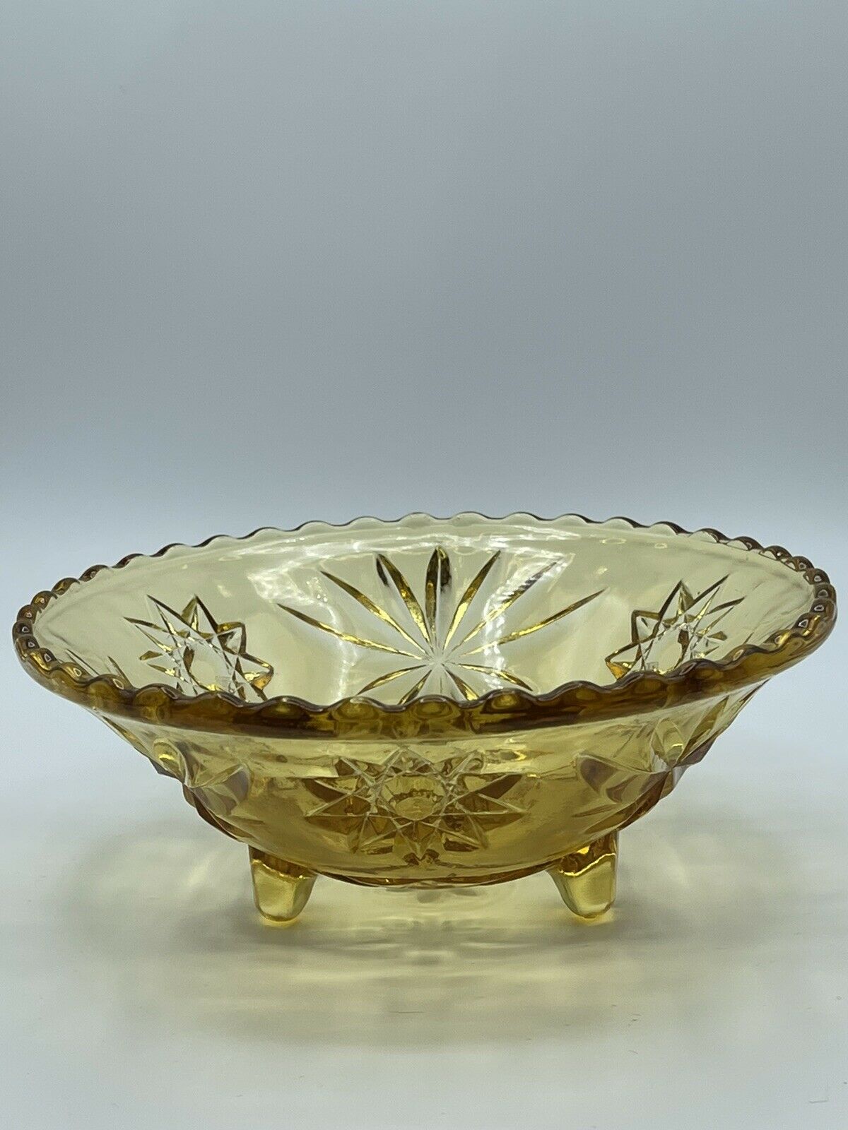 Amber Glass Candy Dish Bowl Anchor Hocking Footed 6 1/2"x2 1/2” Hobstar Fans