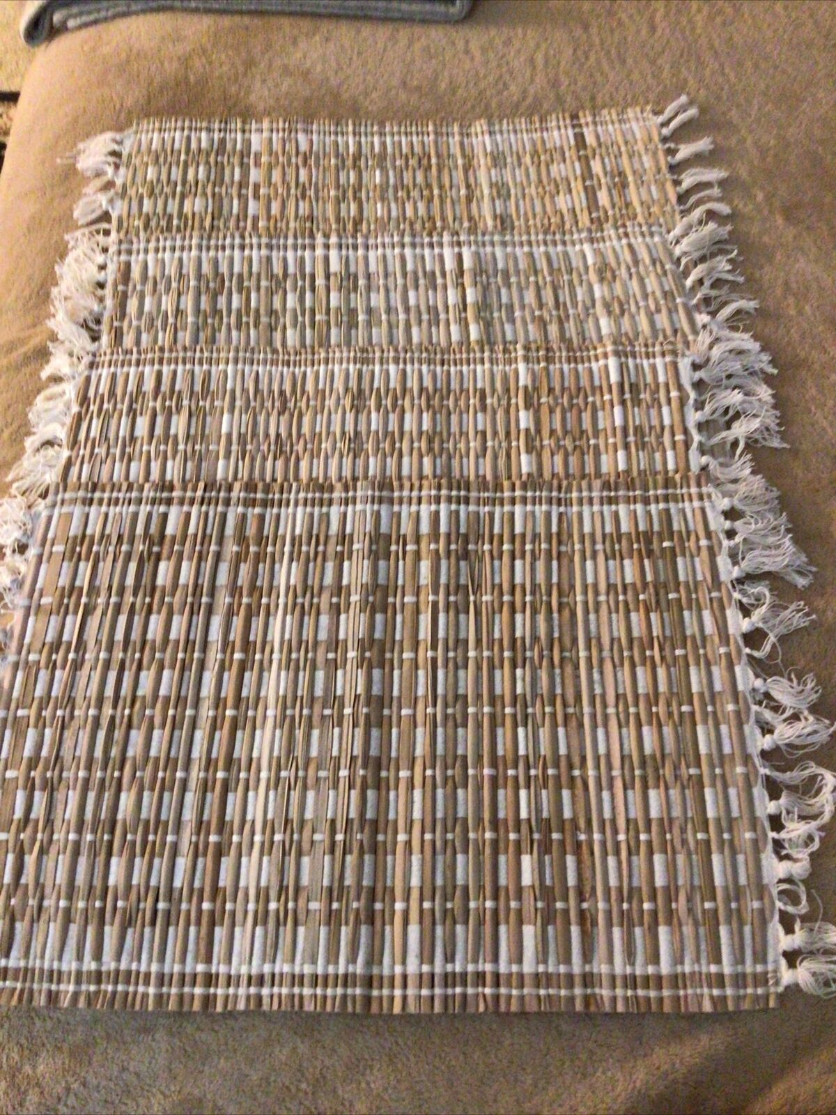 Set Of 4 Beige Wicker & Cloth Rectangle Placemats With Fringe