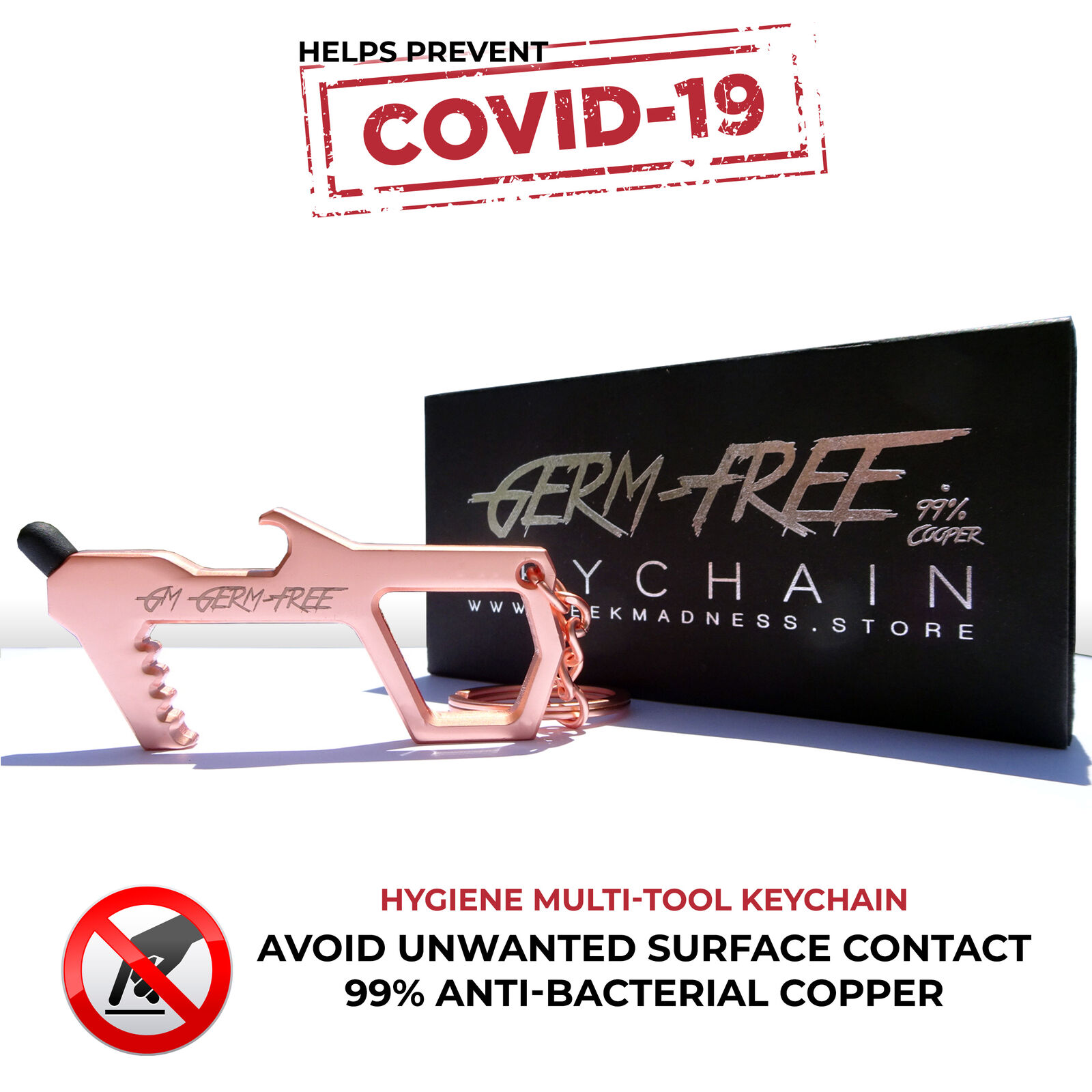 Antibacterial Keychain 99% Copper No Touch Surface, Door - Bottle  Opener