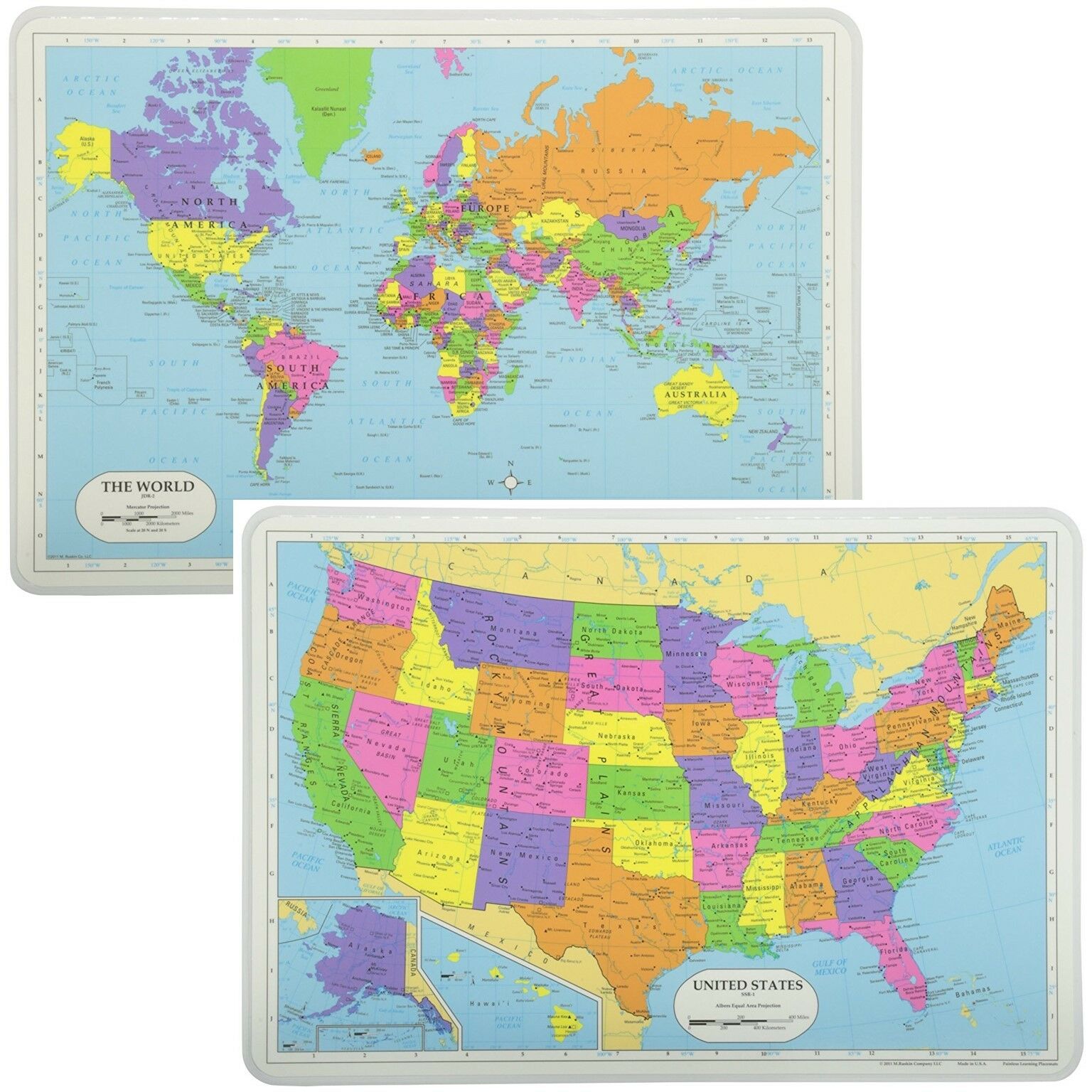 Painless Learning Educational Placemats Sets Usa Map And World Map Washable