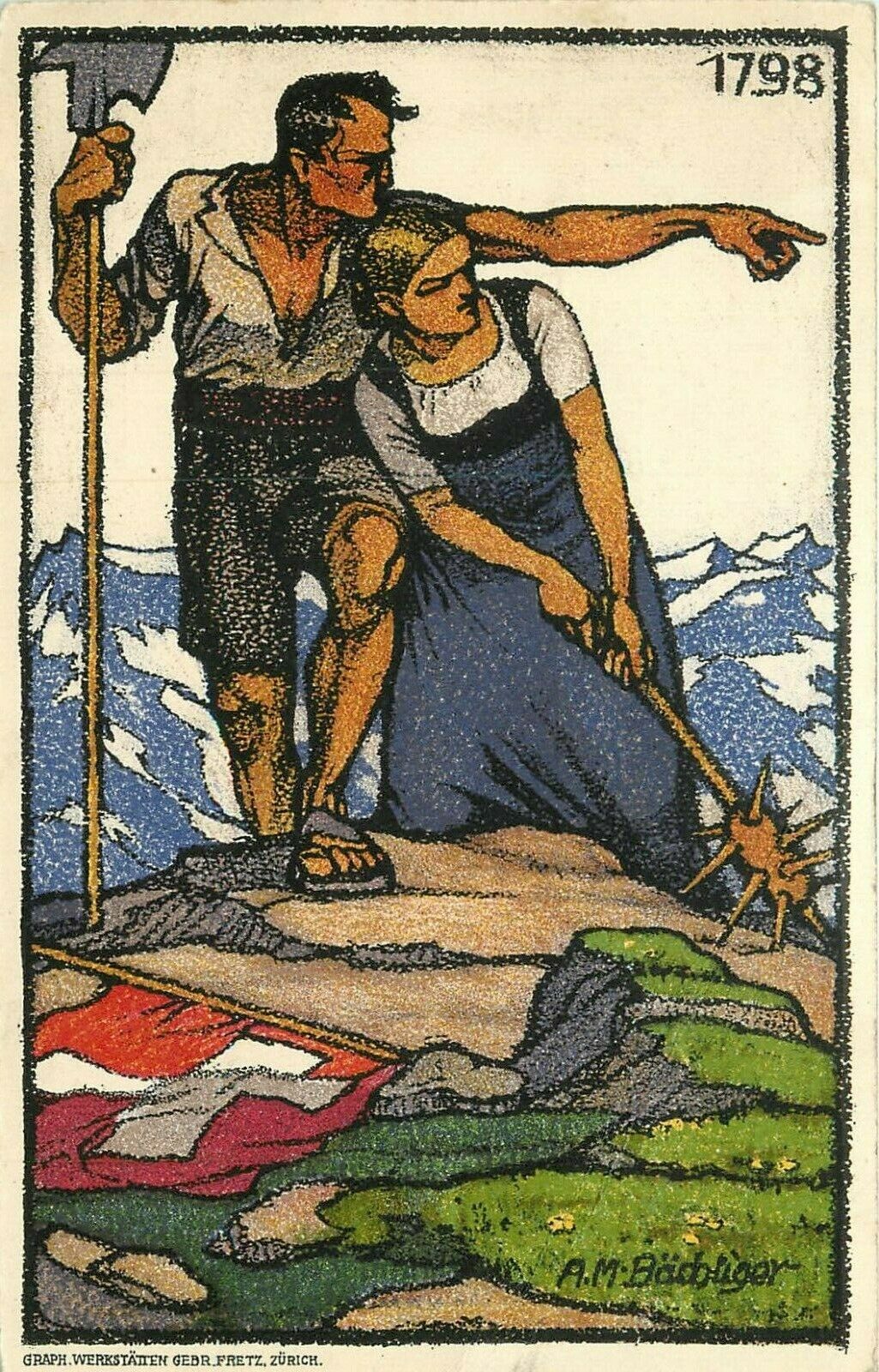 1913 Switzerland Bundesfeier Patriotic Postcard. A. M. Bachburger Artist. Flag
