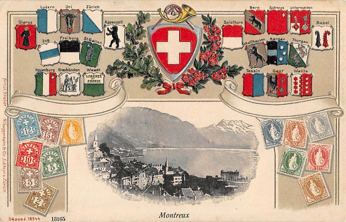 Switzerland Embossed Stamp Pc, Montreux View, Canton Coats Of Arms C 1904-14