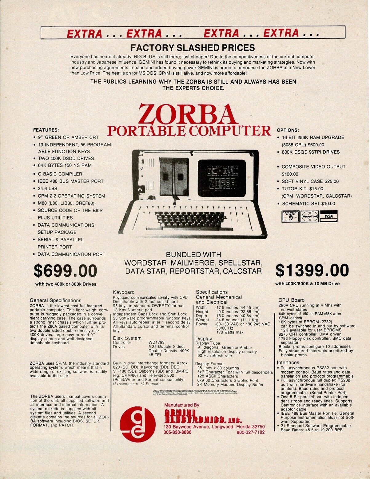 1984 Zorba Portable Computer Vintage Print Ad Shows Specs